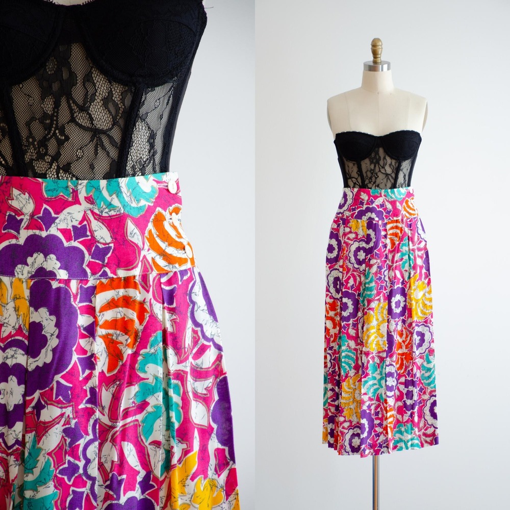 rainbow midi skirt 80s 90s vintage hot pink batik skirt